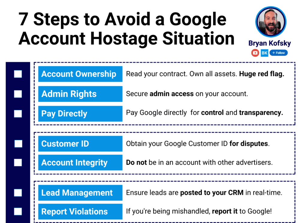 7 steps to avoid a Google Ads account hostage situation. Tips include owning all assets, securing admin rights, paying Google directly, obtaining your customer ID, maintaining account integrity, managing leads, and reporting violations.